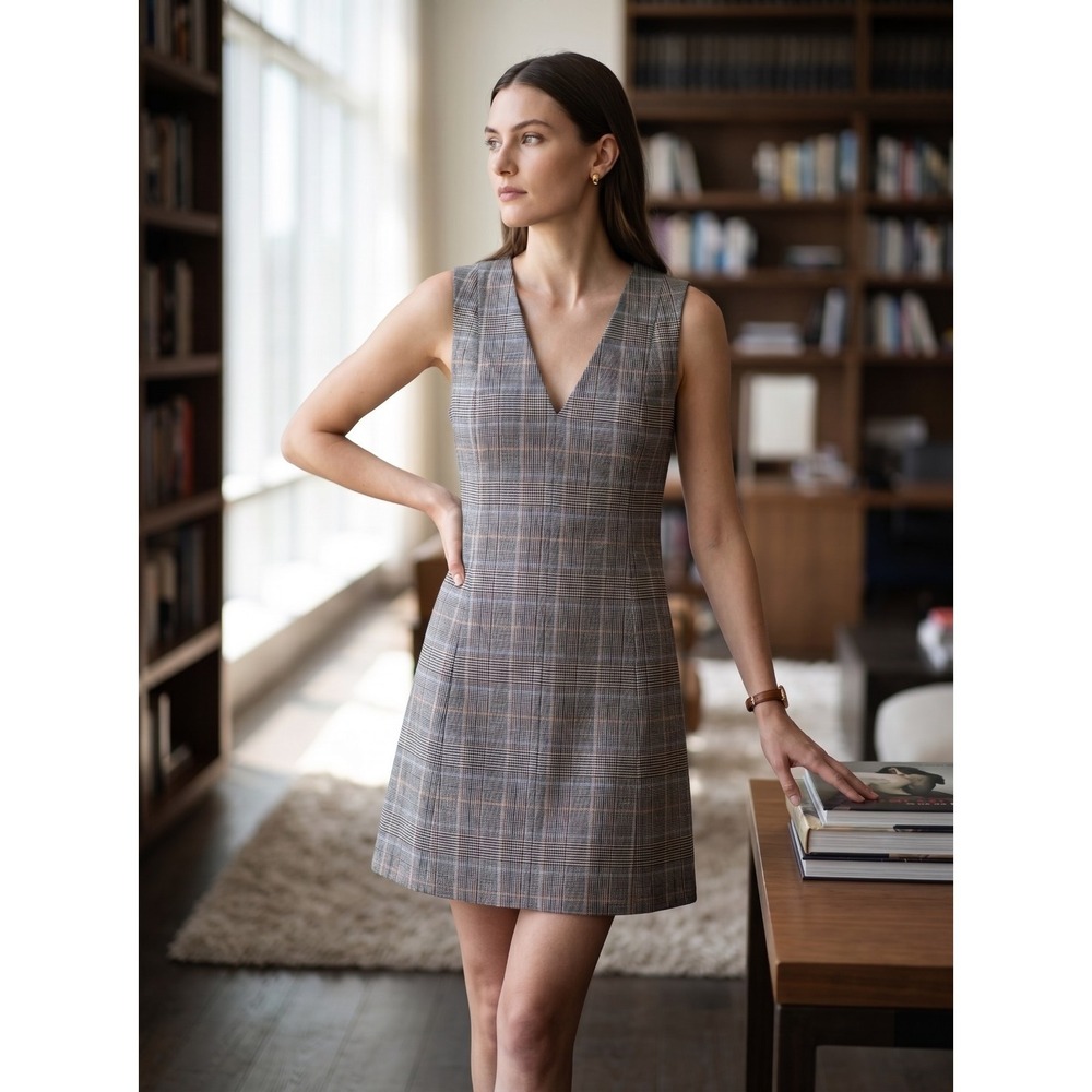 Theory Virgin Wool Plaid Easy V-Neck A-Line Shift Dress Autumn Plaid 10 $365